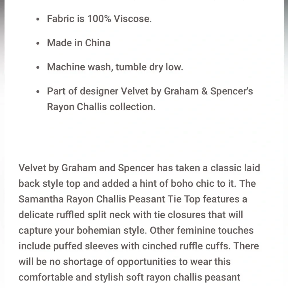 Velvet Samantha Rayon Challis Peasant Top by GRAHAM & SPENCER EUC - Picture 6 of 6